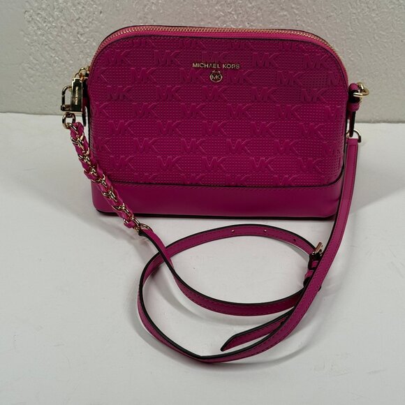 Michael Kors Jet Set Charm Dome Crossbody Pink Embossed Logo Gold Hardware NWT - Picture 1 of 8